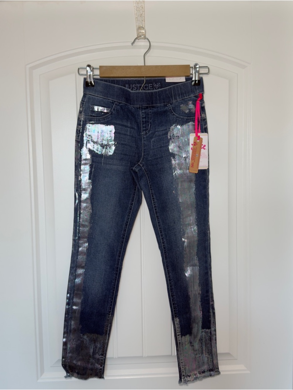 Justice Girls Dark Wash Jeans with Silver Sequin Side Stripe SizeSize 10